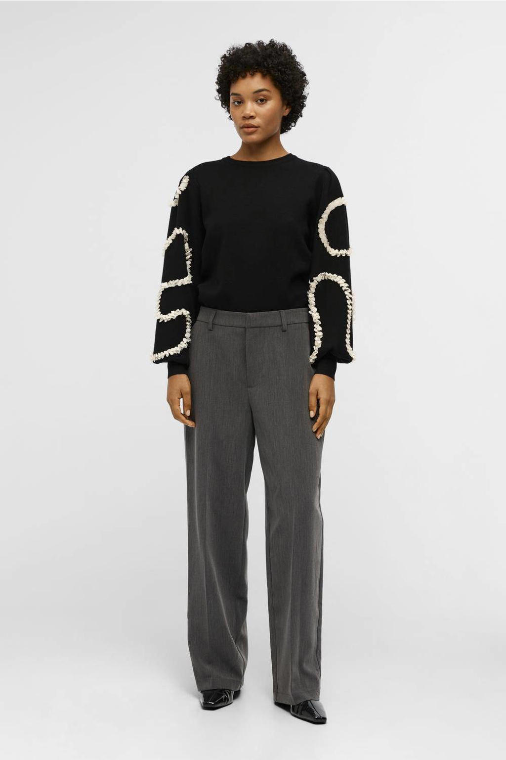 Grijze dames OBJECT high waist wide leg pantalon met rits- en knoopsluiting