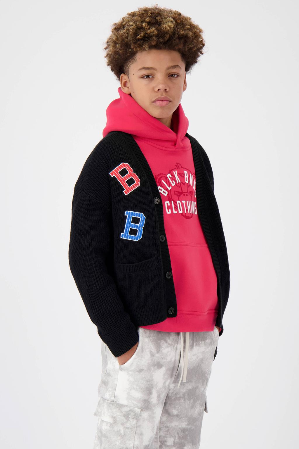 Zwarte jongens BLACK BANANAS vest en patches met printopdruk, lange mouwen, V-hals, knoopsluiting en 3D applicatie