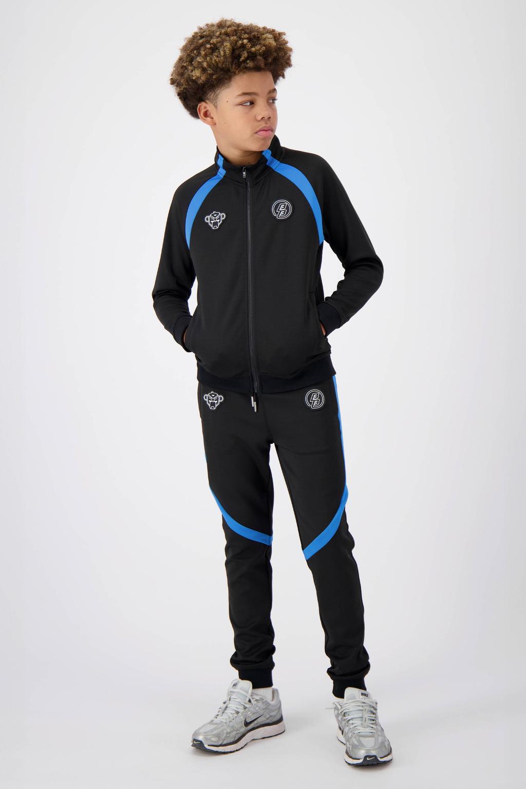 Zwart en blauwe jongens BLACK BANANAS sweatvest en 3D applicatie van polyester met meerkleurige print, lange mouwen, opstaande kraag en ritssluiting