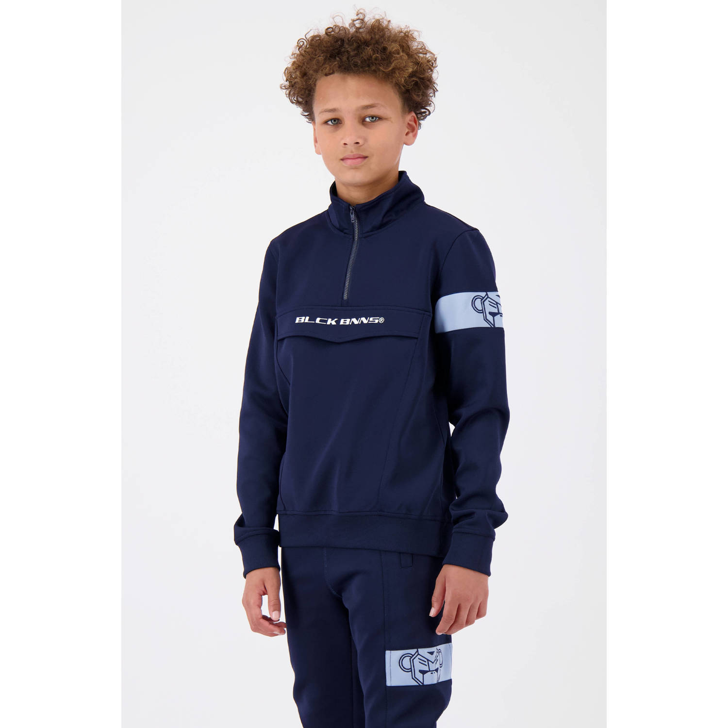 BLACK BANANAS sweater JR. COMMANDER TRACKTOP met contrastbies en borduursels donkerblauw lichtblauw