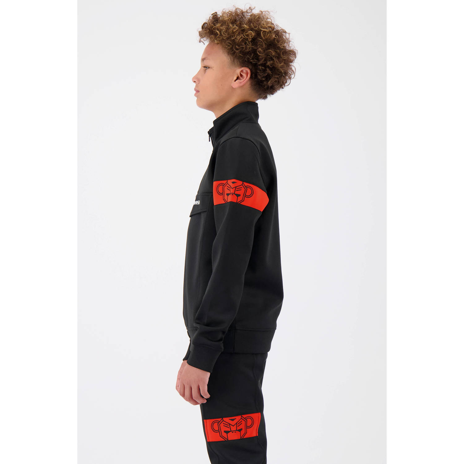 BLACK BANANAS sweater JR. COMMANDER TRACKTOP met contrastbies en borduursels zwart rood