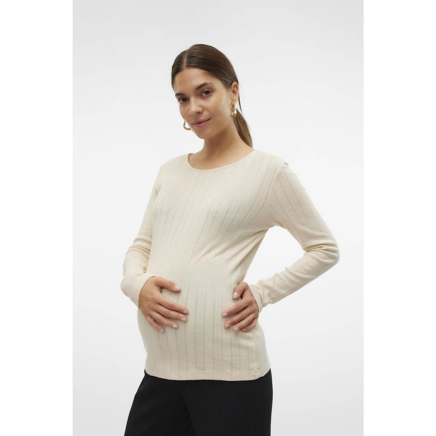 Mamalicious zwangerschapslongsleeve MLALIKA ecru Dames Katoen Ronde hals XXL