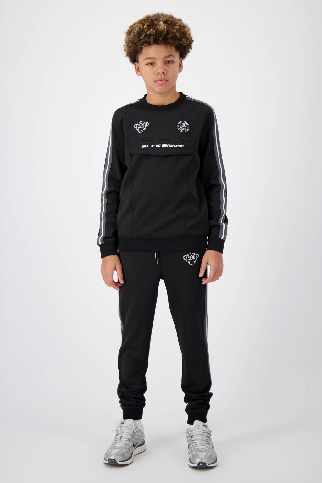 Zwarte jongens BLACK BANANAS sweater van polyester met effen, lange mouwen, ronde hals en contrast bies