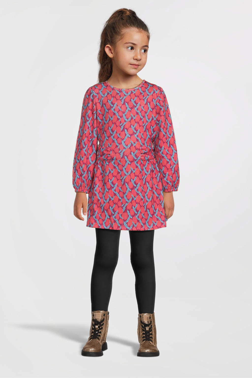Roze, lichtblauw en rode meisjes Quapi jurk met ceintuur van polyester met lange mouwen, ronde hals en knoopsluiting