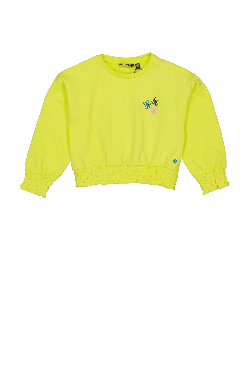 Gele meisjes Quapi sweater fluor van katoen met effen, lange mouwen, ronde hals en elastische boord