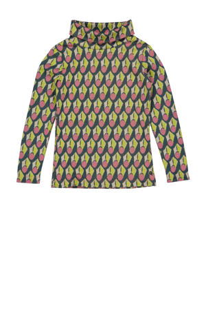 fijngebreide longsleeve DJENN met all over print petrol/limegroen/roze