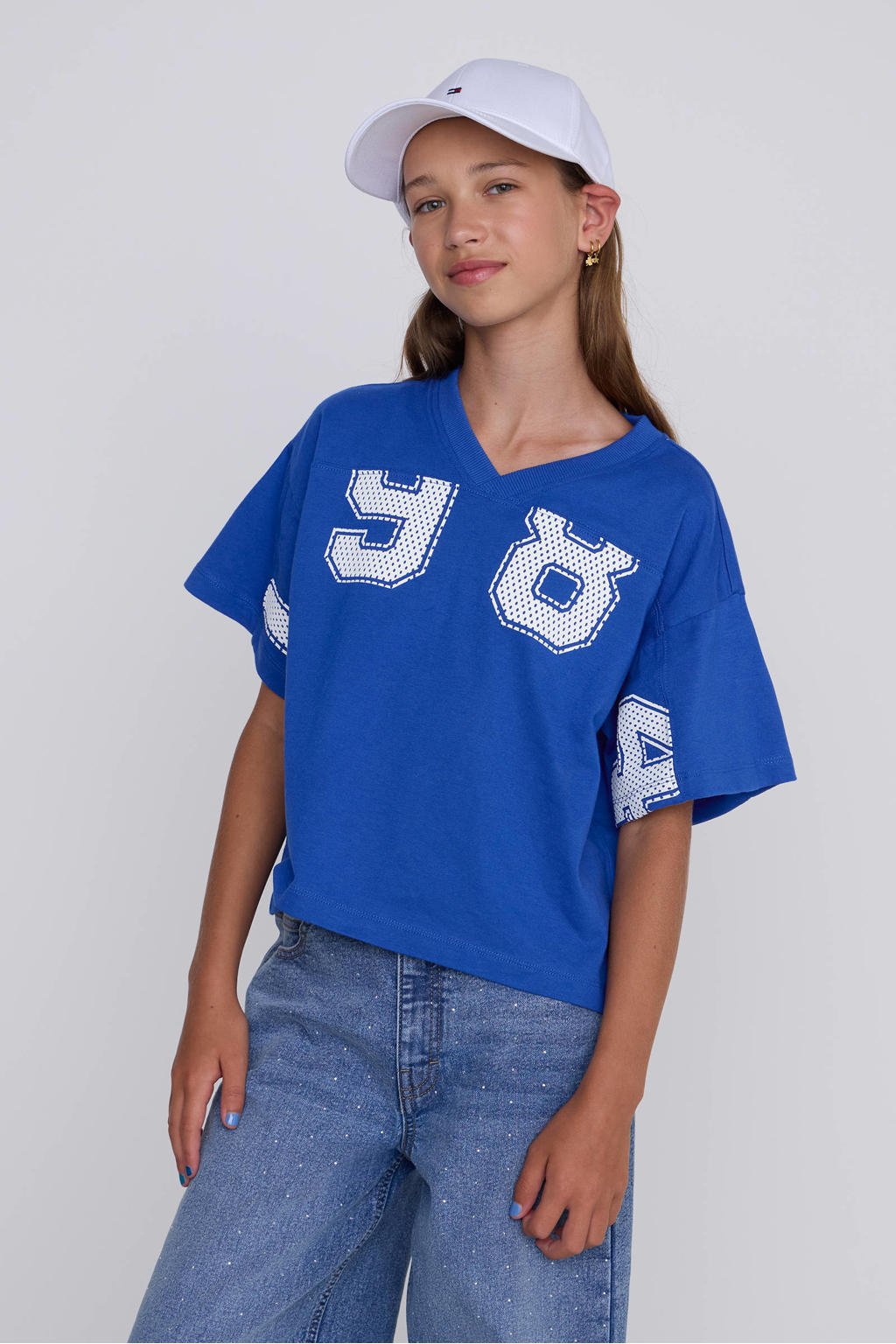 Blauwe meisjes Coolcat T-shirt Tiana Number 1984 van katoen met printopdruk, korte mouwen en V-hals