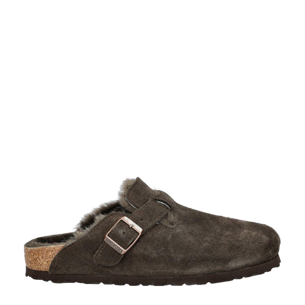 Bruine dames Birkenstock Boston Shearling suède clogs met gesp en effen