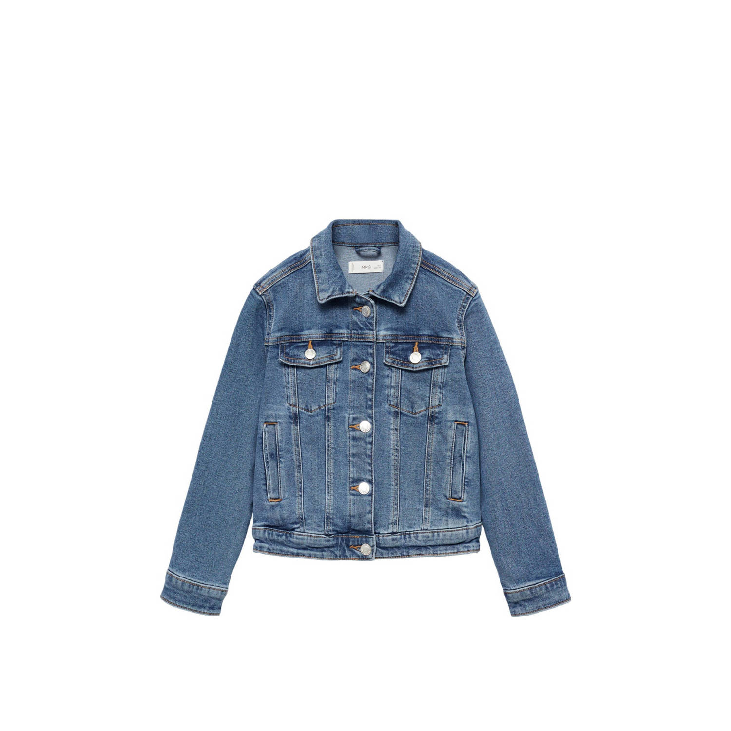 Mango Kids spijkerjas medium blue Blauw Meisjes Denim Klassieke kraag Effen 122