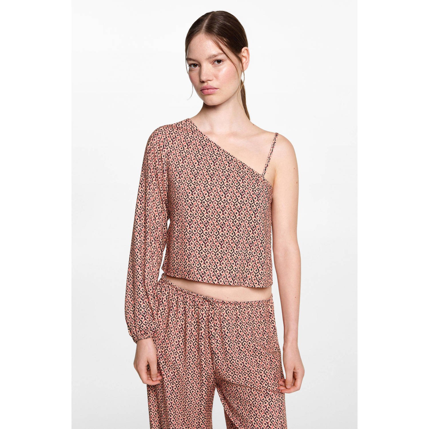 MANGO TEENS one shoulder top met all over print lichtoranje zwart All over print 152(XXS)
