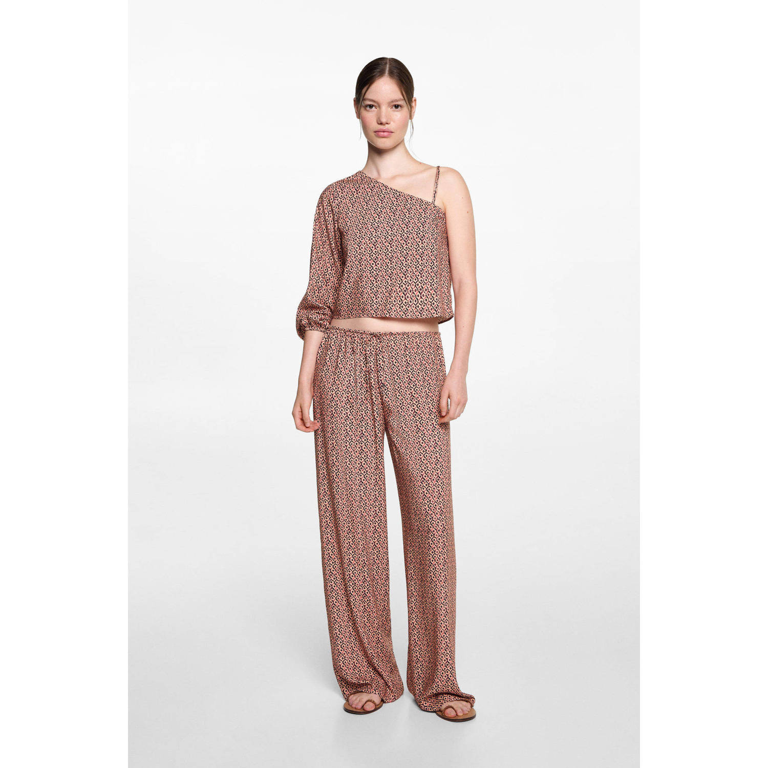 MANGO TEEN one shoulder top met all over print lichtoranje zwart