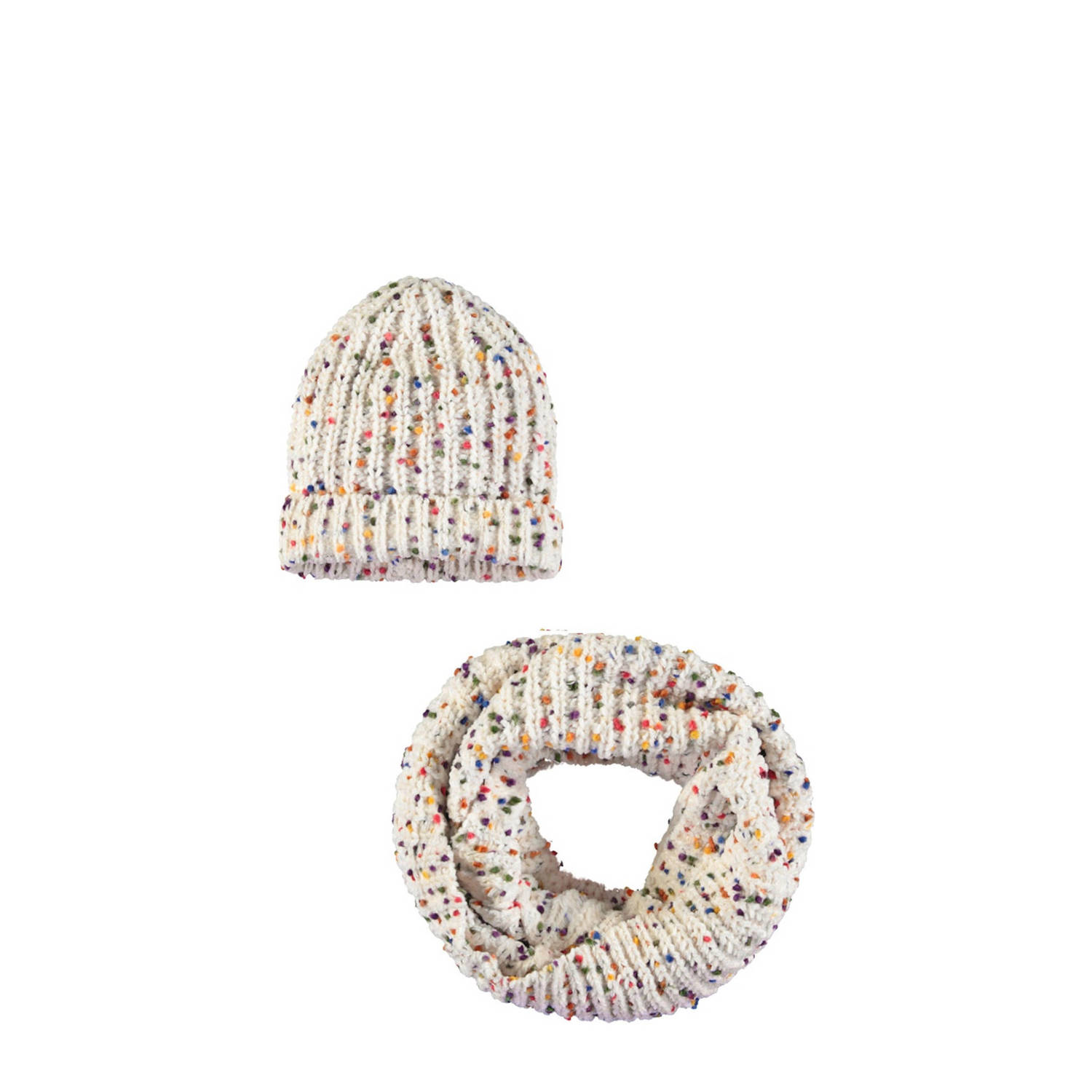 Like Flo muts + colsjaal Noah met stippendessin ecru multicolor
