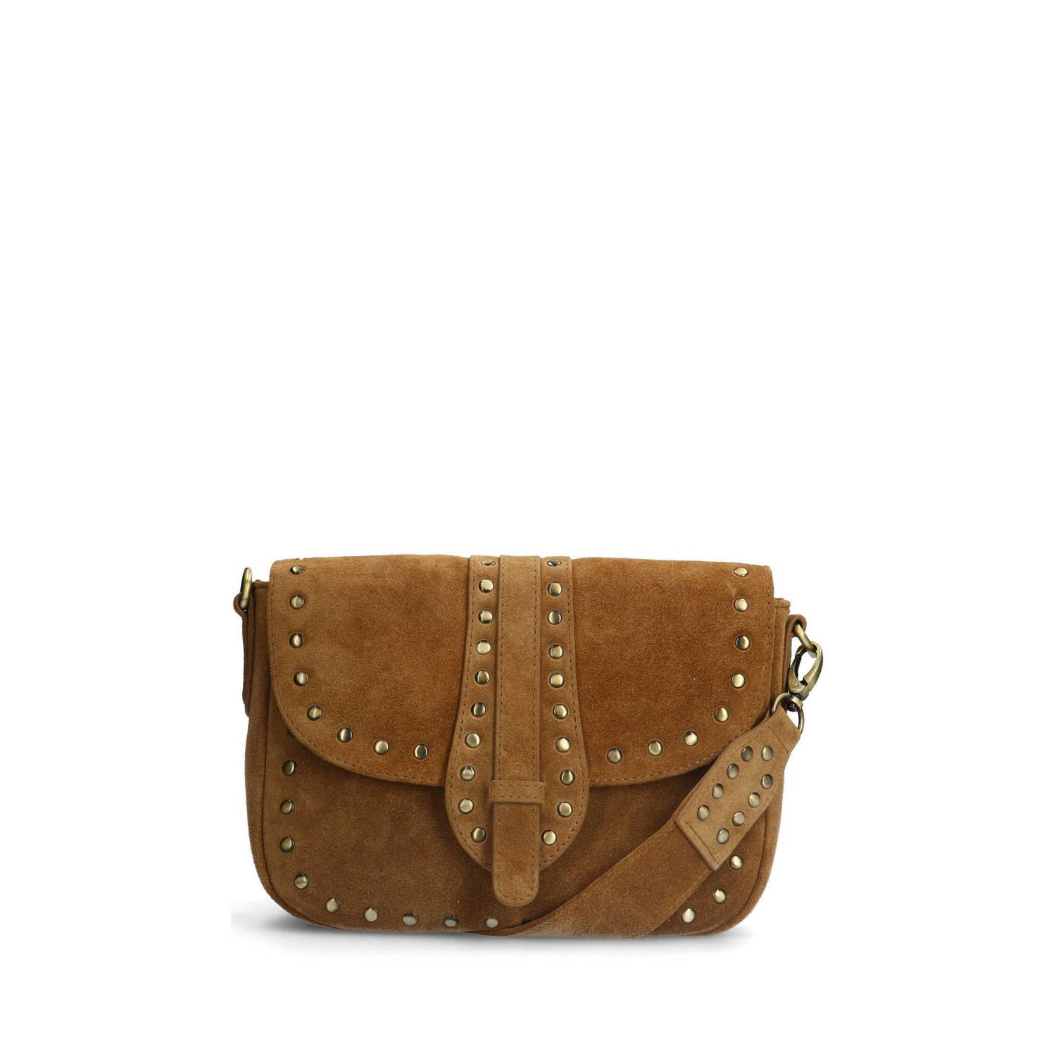 Manfield suede crossbody tas met studs cognac