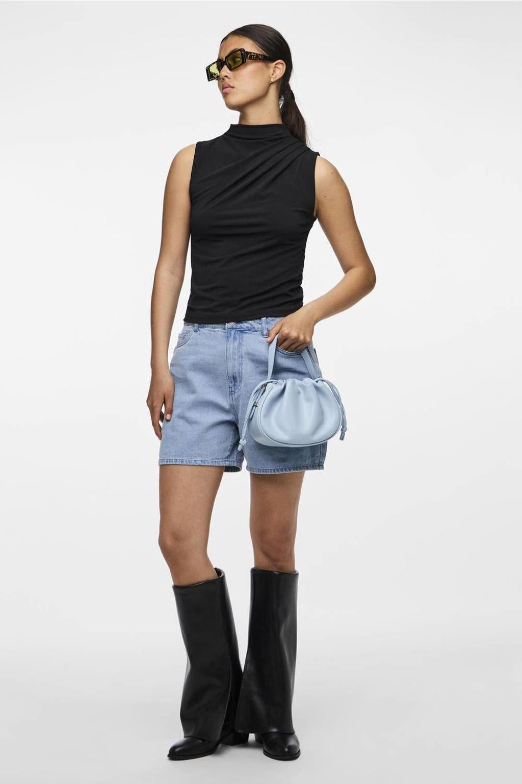 Zwarte dames PIECES top van gerecycled polyester met effen, ronde hals en plooien