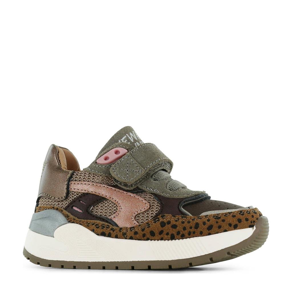 Brons en zwarte meisjes Shoesme leren sneakers van suède met elastische veter- met klittenbandsluiting