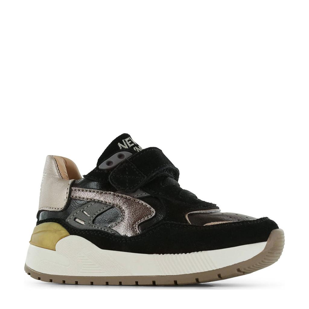 Zwart en gouden meisjes Shoesme leren sneakers met elastische veter- met klittenbandsluiting