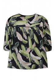 thumbnail: Multi, zwart en groene dames Zhenzi top van viscose met driekwart mouwen en strikkraag