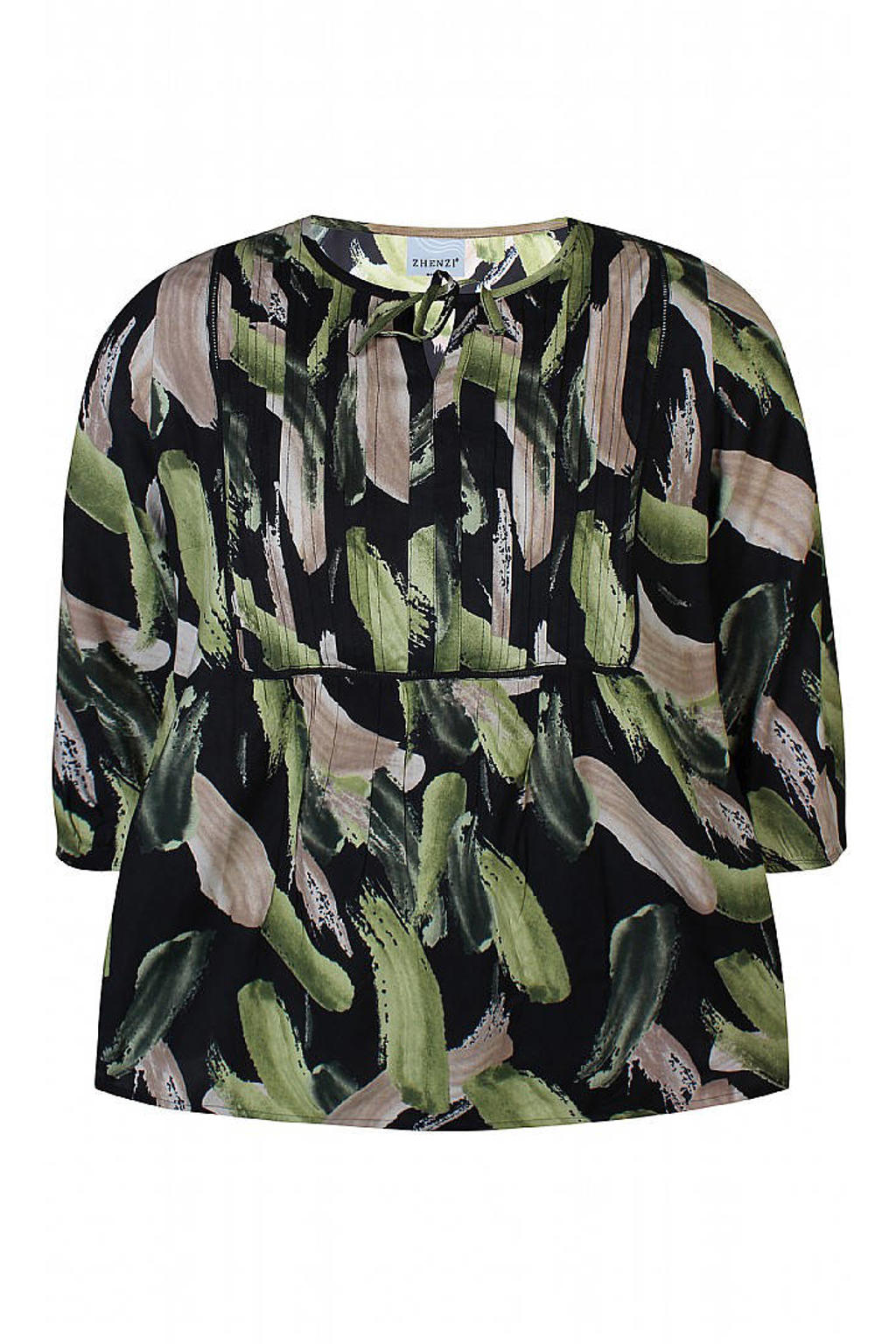 Multi, zwart en groene dames Zhenzi top van viscose met driekwart mouwen en strikkraag