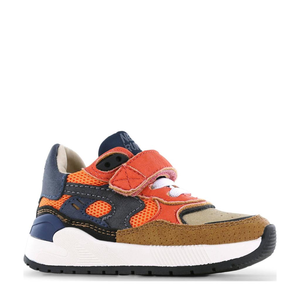 Blauw en oranje jongens Shoesme sneaker van imitatieleer met elastische veter- met klittenbandsluiting