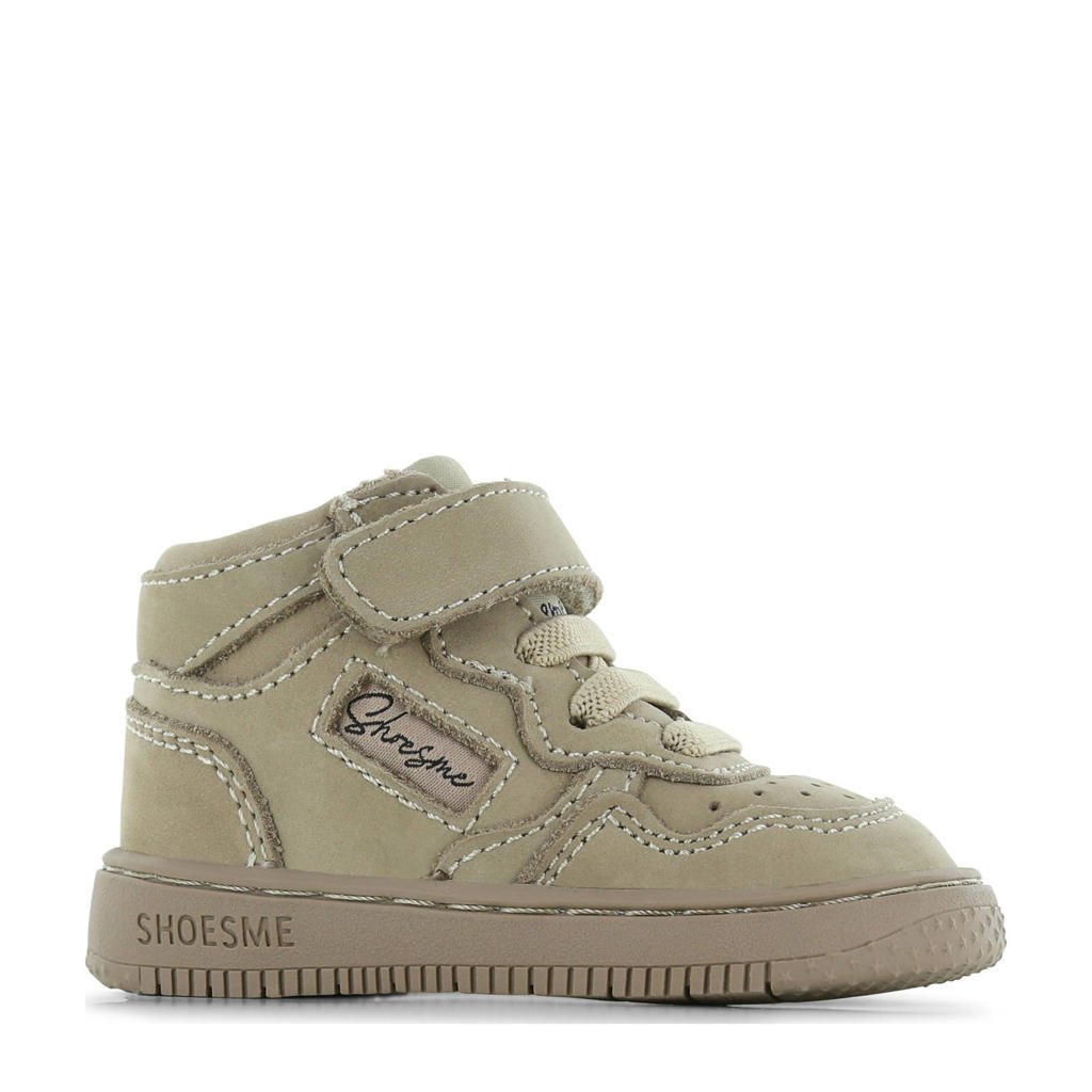 Taupe jongens Shoesme leren sneakers met elastische veter- met klittenbandsluiting