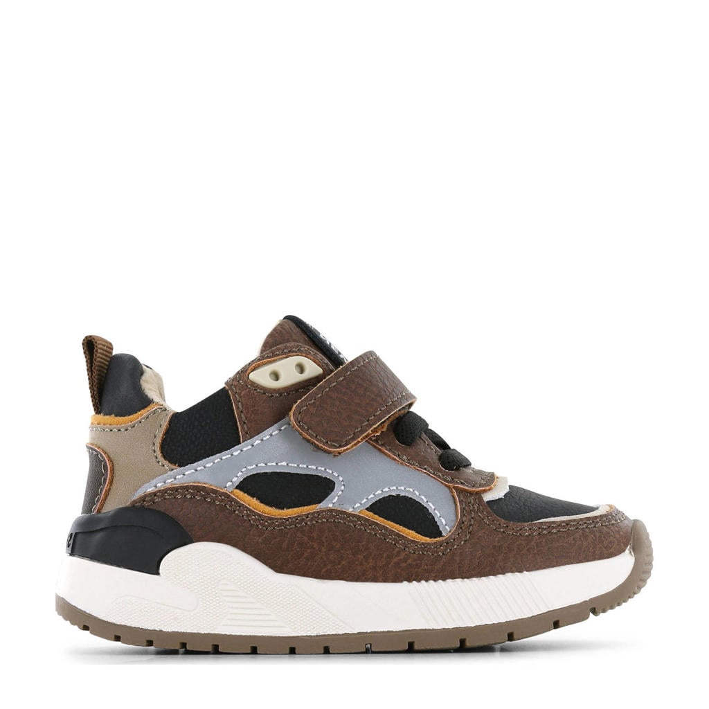 Bruine jongens Shoesme sneakers van imitatieleer met elastische veter- met klittenbandsluiting