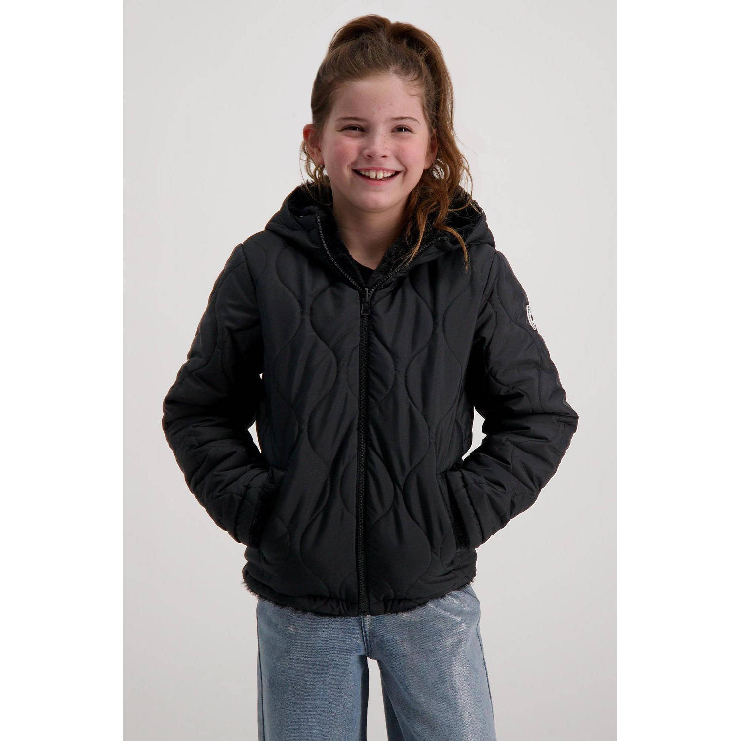 Cars reversible quilted gewatteerde imitatiebont winterjas RIES zwart