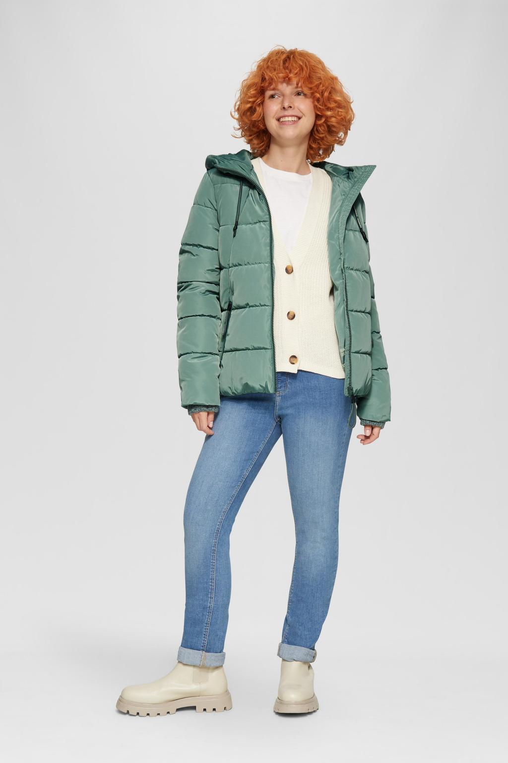 Petrolkleurige dames QS gewatteerde winterjas van polyester met effen, lange mouwen, capuchon en ritssluiting