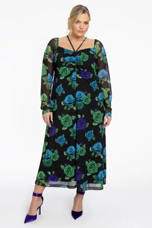 gebloemde maxi jurk zwart/blauw/groen