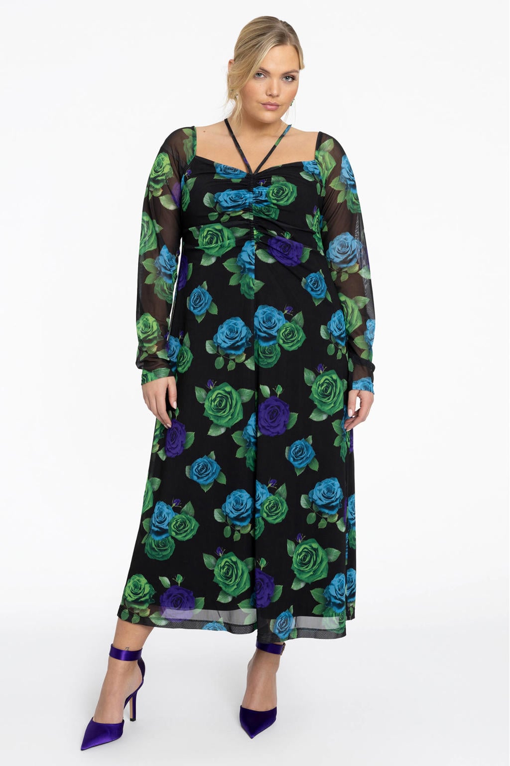 YOEK gebloemde maxi jurk zwart/blauw/groen