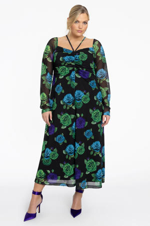 gebloemde maxi jurk zwart/blauw/groen
