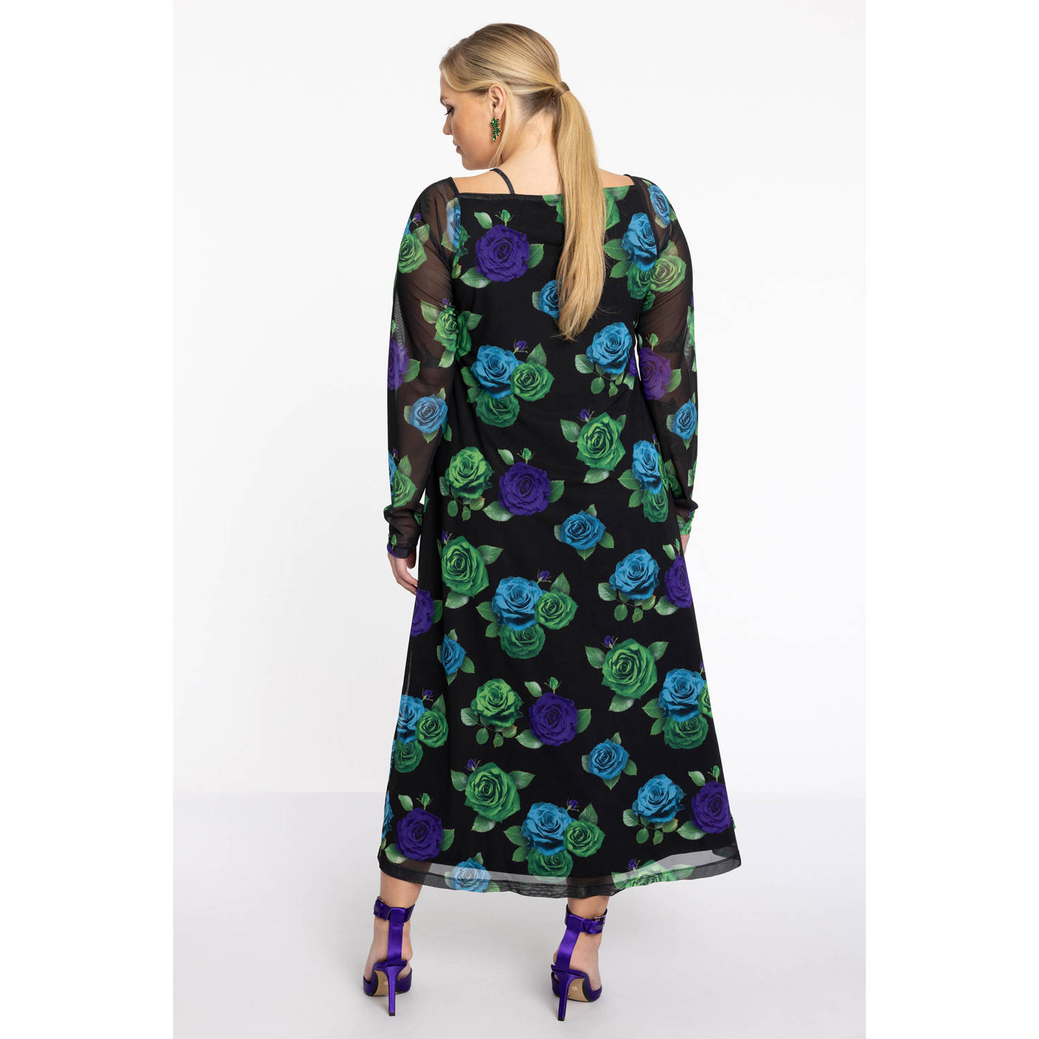 YOEK gebloemde maxi jurk zwart blauw groen