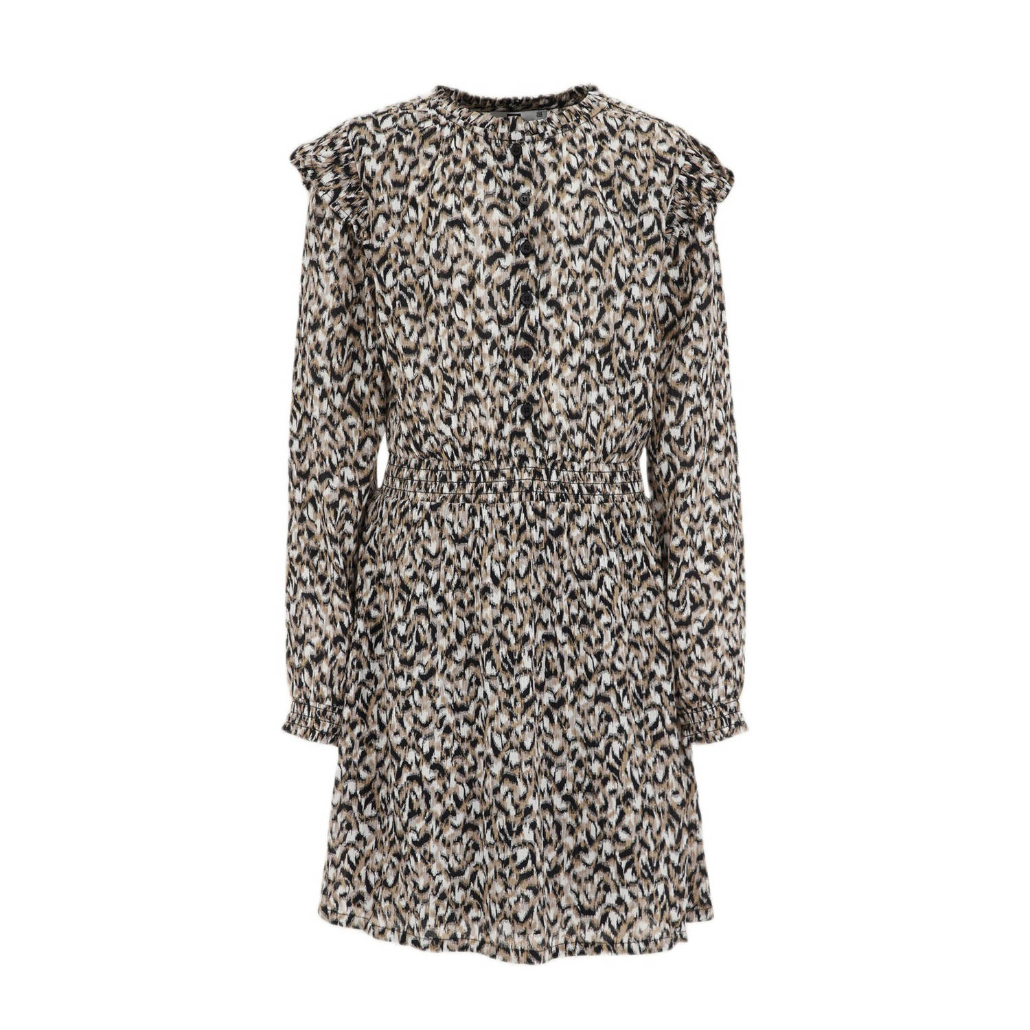 WE Fashion blousejurk met all over print en ruches beige zand zwart