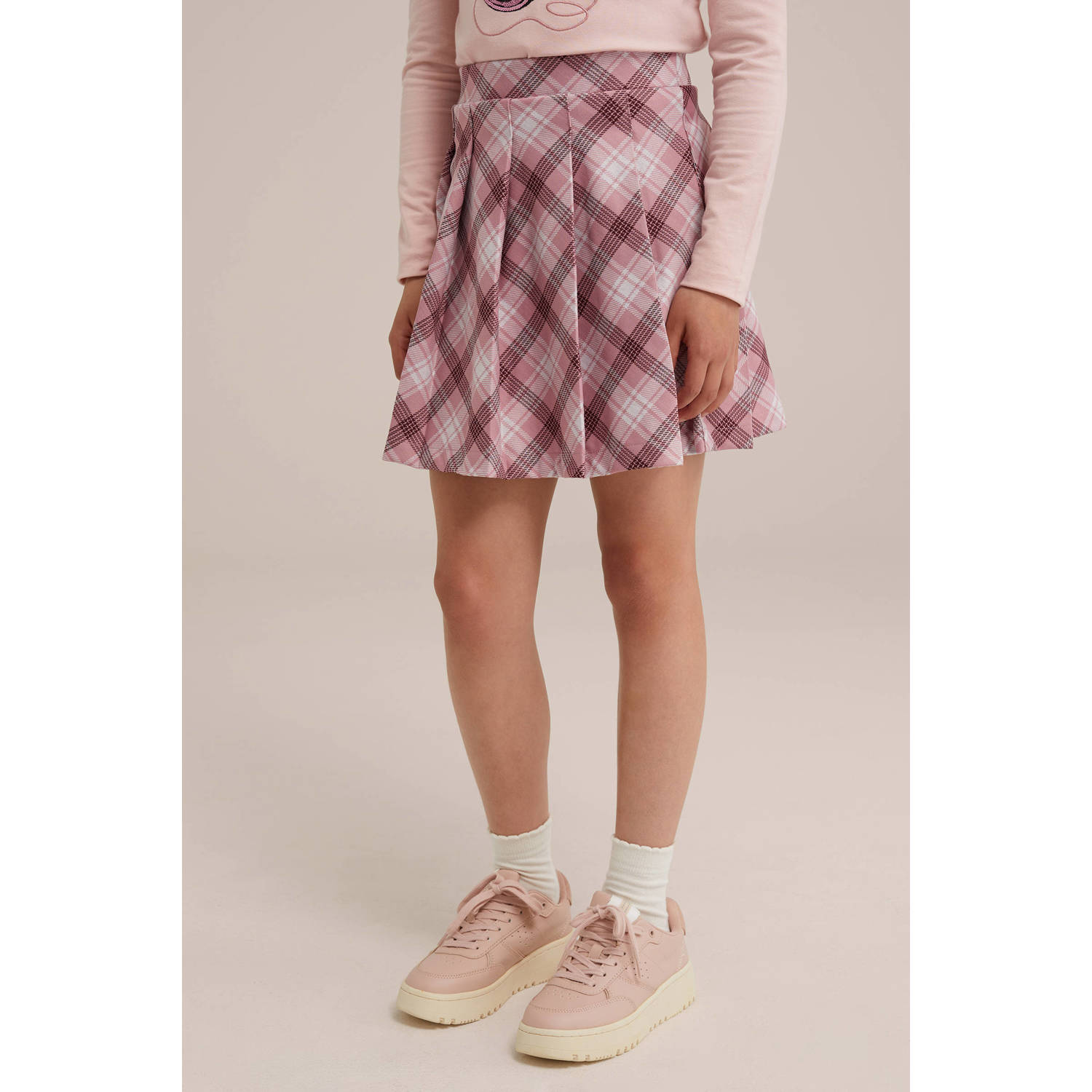 WE Fashion korte rok lichtroze Meisjes Polyester Ruit 110 116