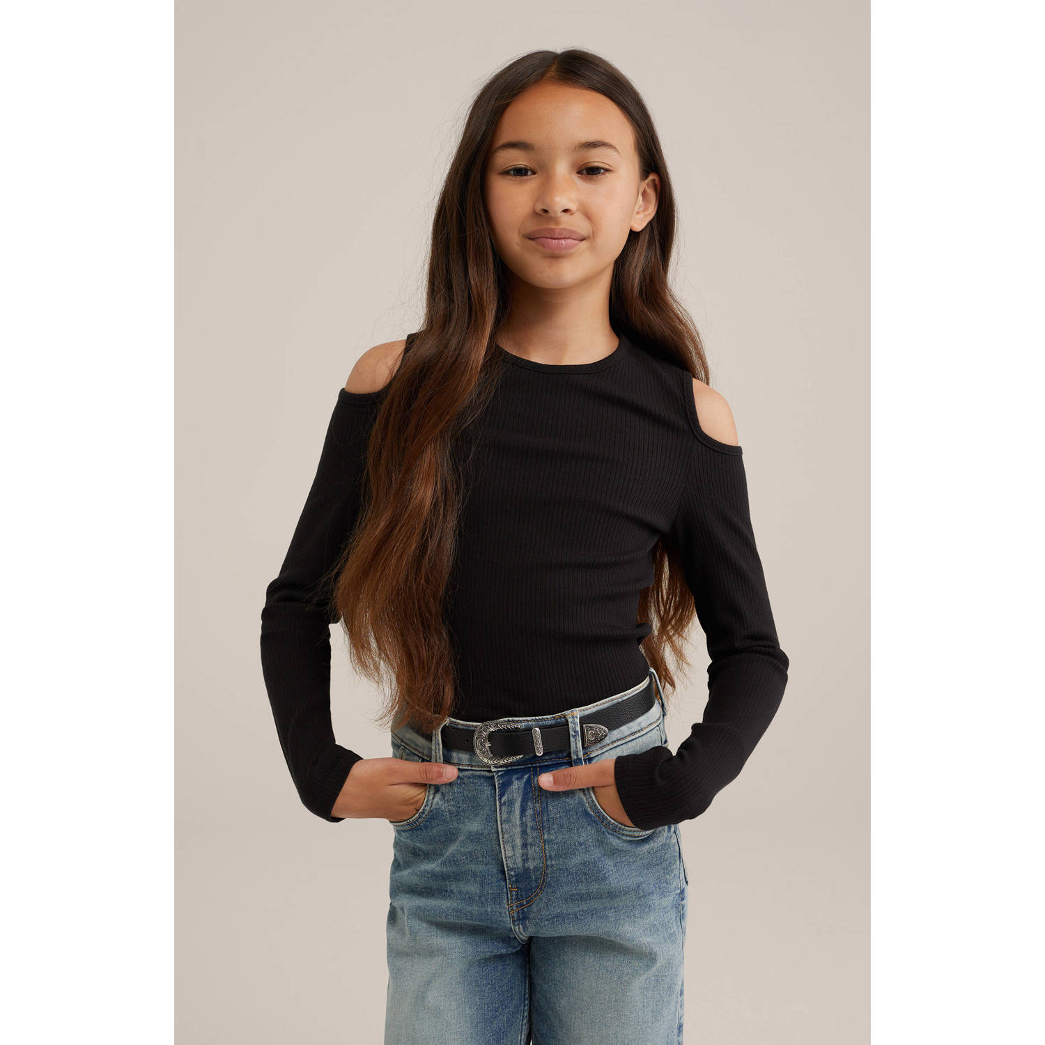 WE Fashion top zwart Paars Meisjes Katoen Ronde hals Effen 170 176