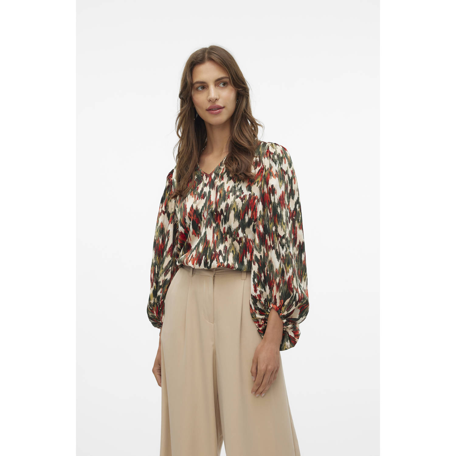 VERO MODA top VMMINA met all over print groen rood beige