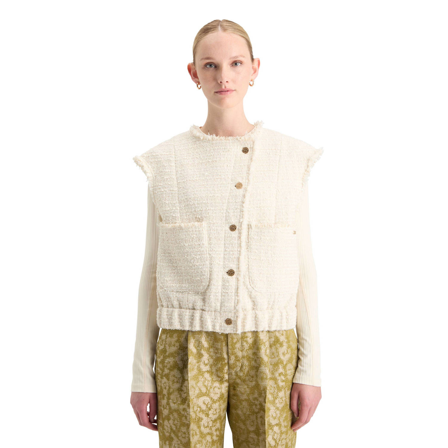 Scotch & Soda Boucle Tweed Kraagloos Gilet Brown Dames