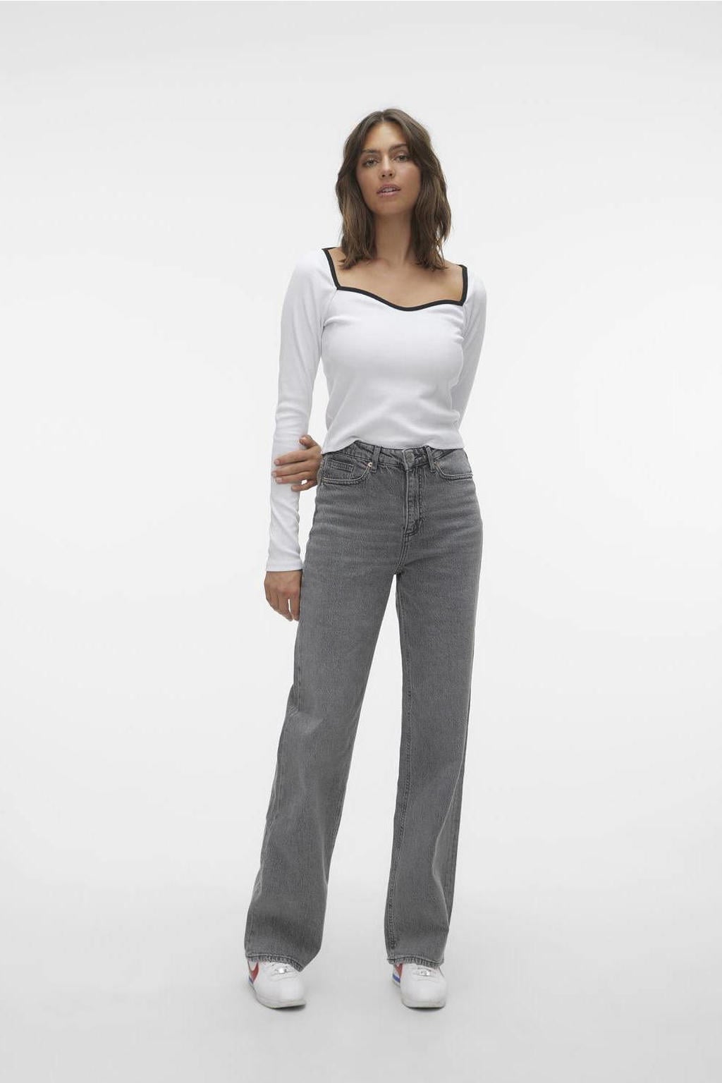 Grijze dames VERO MODA high waist wide leg jeans van denim met rits- en knoopsluiting en effen