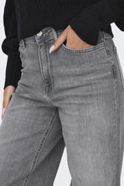 thumbnail: Lichtgrijze dames ONLY high waist wide leg jeans van denim met rits- en knoopsluiting en effen