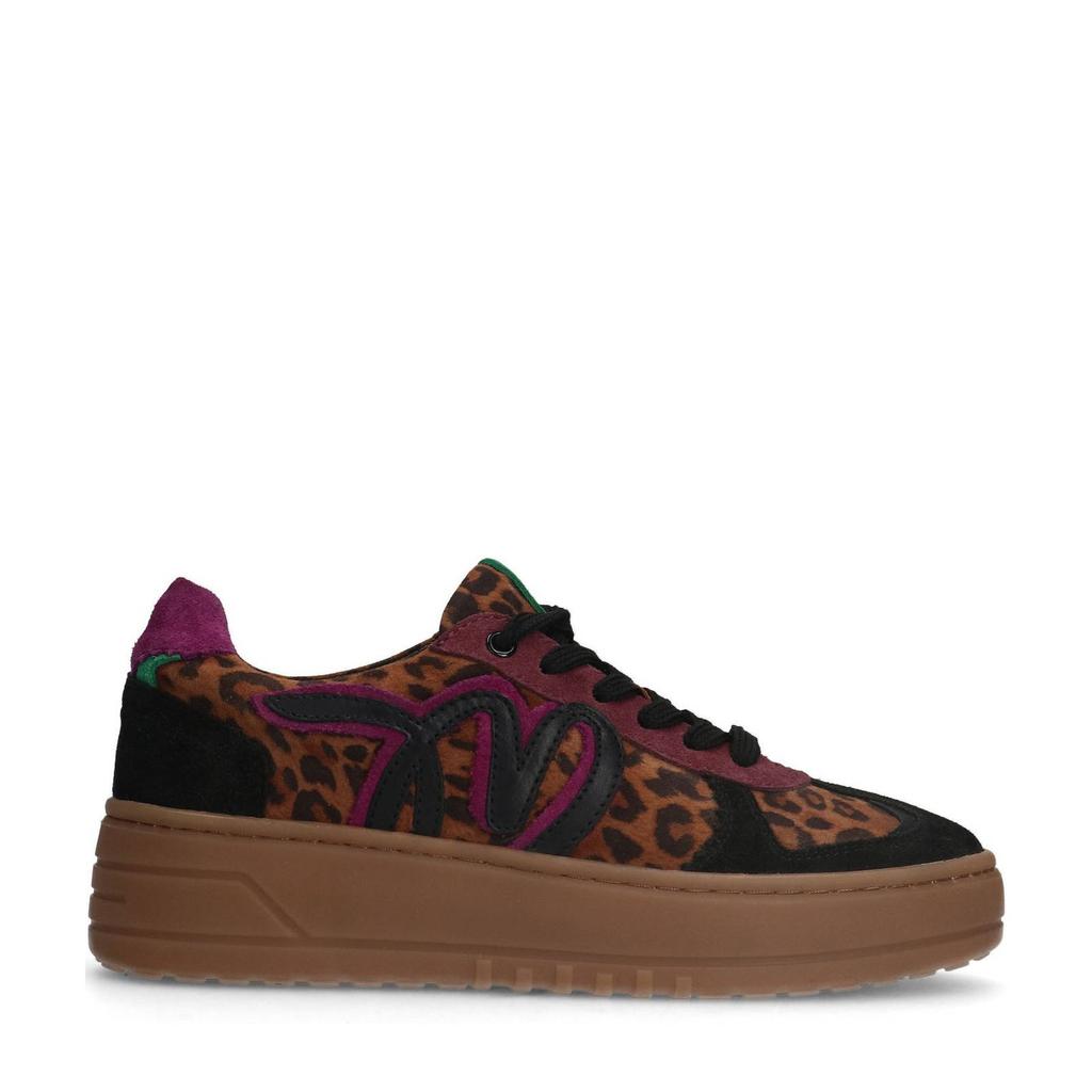Zwart en paarse dames Manfield suède sneakers met veters en panterprint