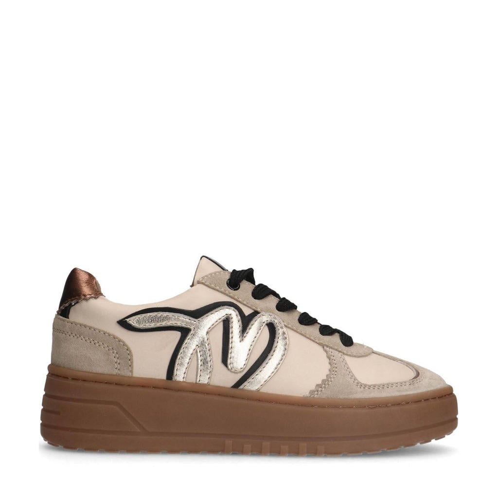 Beige en gouden dames Manfield leren sneakers met veters