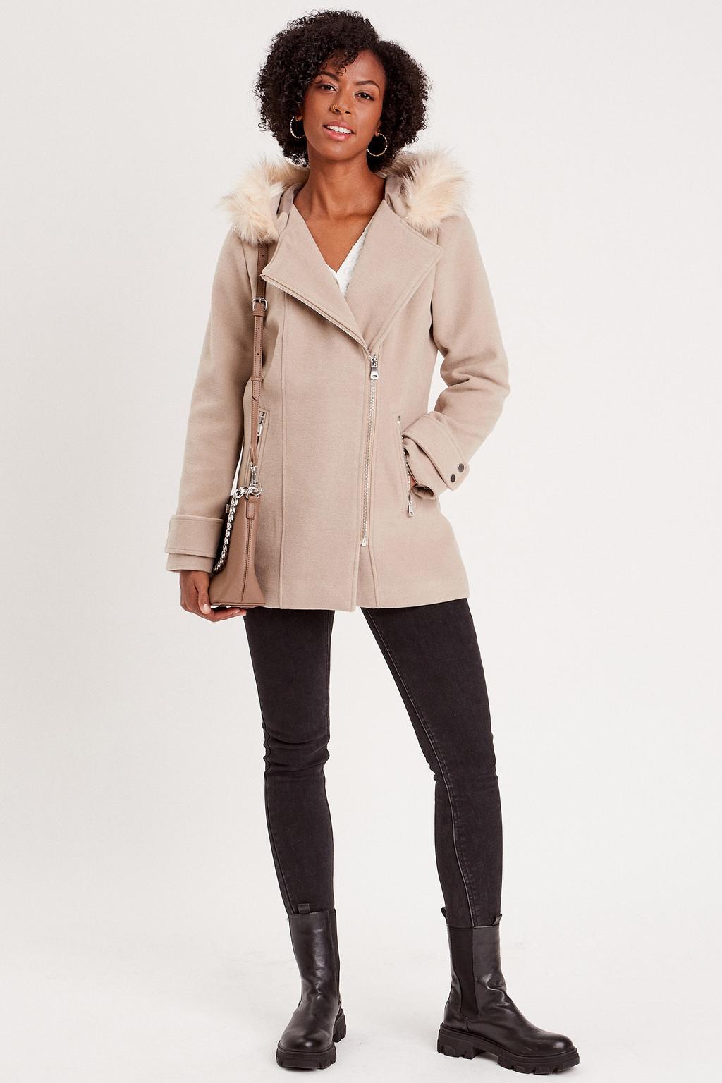 Beige dames Cache Cache winterjas van polyester met effen, lange mouwen, reverskraag en ritssluiting