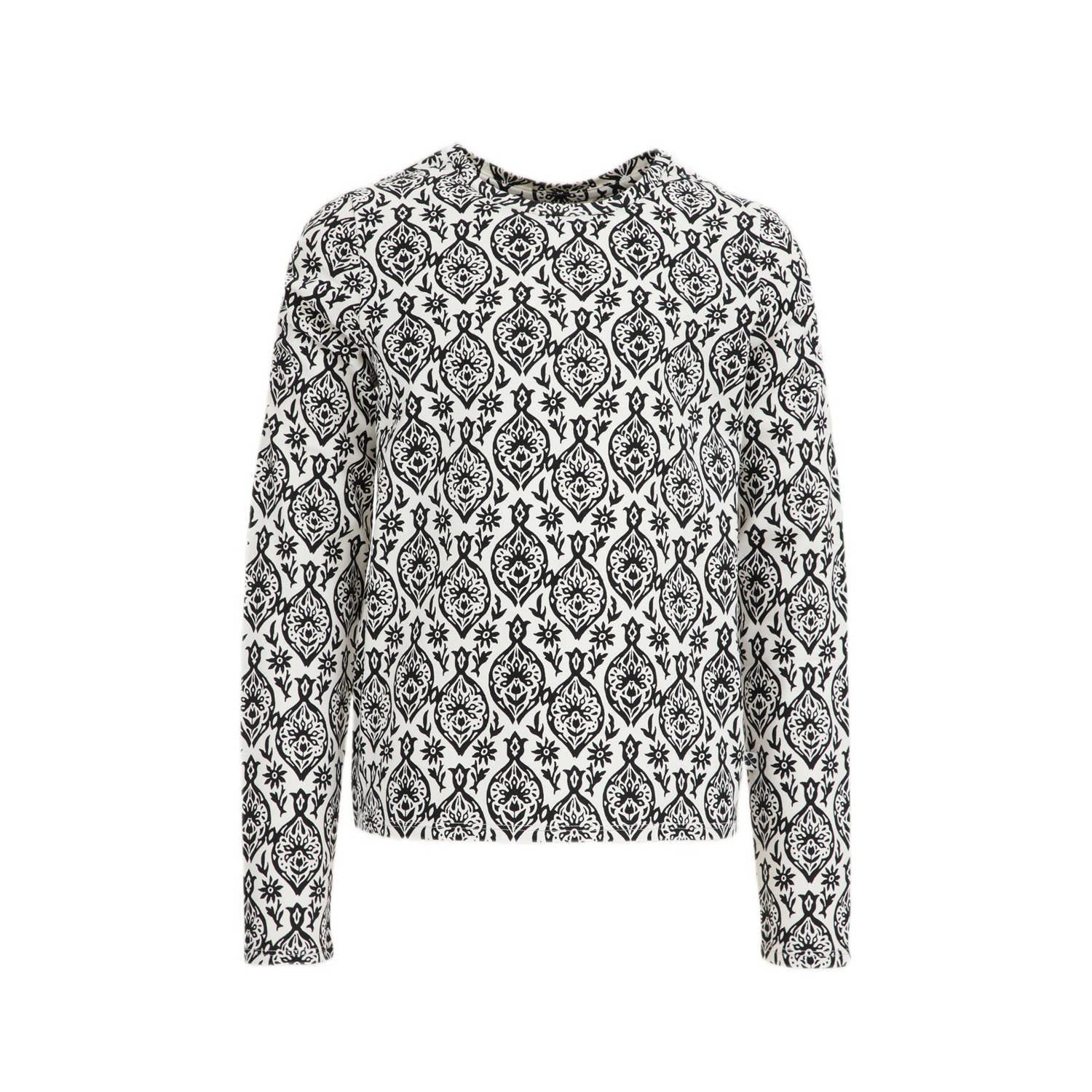 WE Fashion all over print longsleeve black uni Zwart Meisjes Katoen Ronde hals 110 116