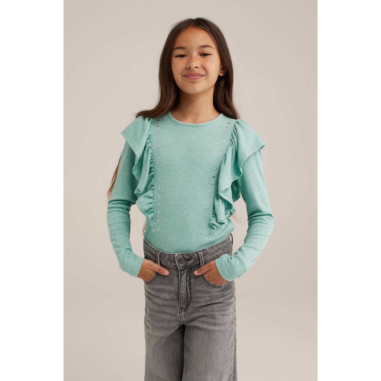 WE Fashion T-shirt mintgroen Ecru Meisjes Polyester Ronde hals Effen 110 116