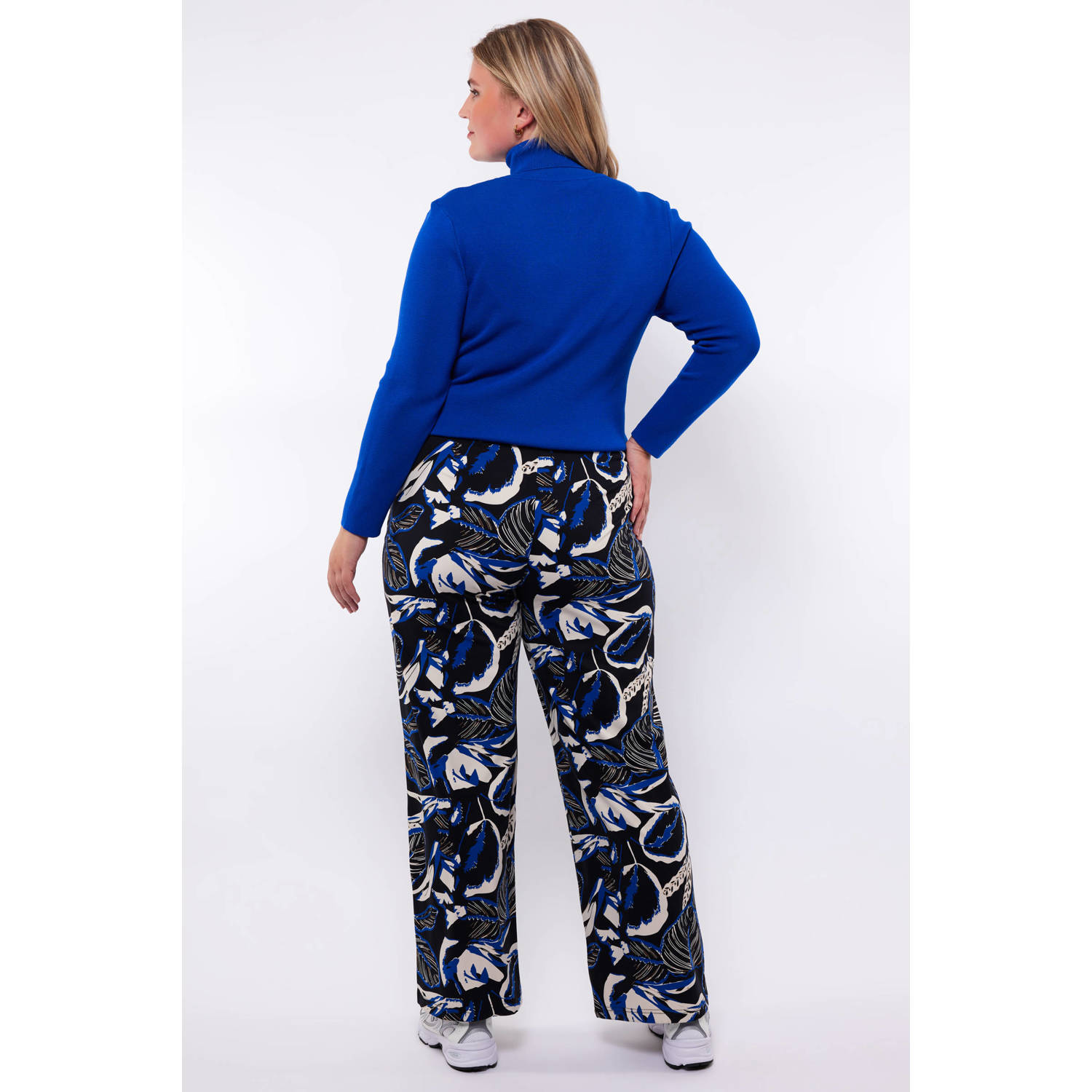 Exxcellent wide leg broek van travelstof met bladprint donkerblauw zwart wit