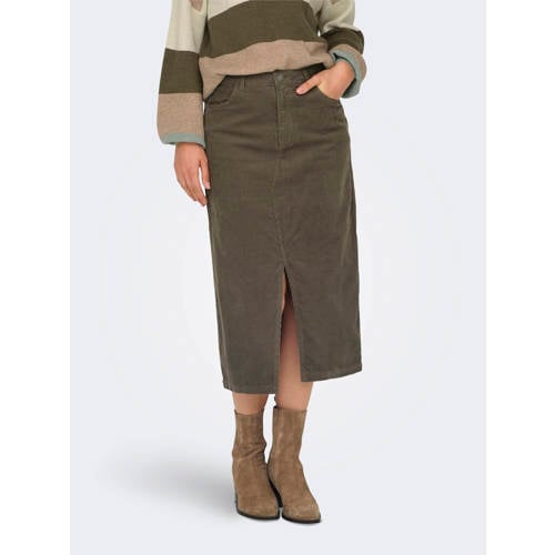 ONLY midi rok corduroy donkerbruin afbeelding