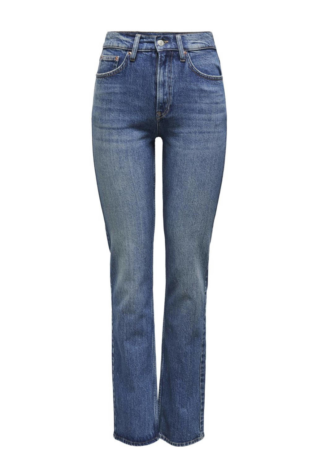 Dark blue denim dames ONLY high waist straight leg jeans dark blue van katoen met rits- en knoopsluiting en effen