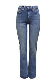 thumbnail: Dark blue denim dames ONLY high waist straight leg jeans dark blue van katoen met rits- en knoopsluiting en effen