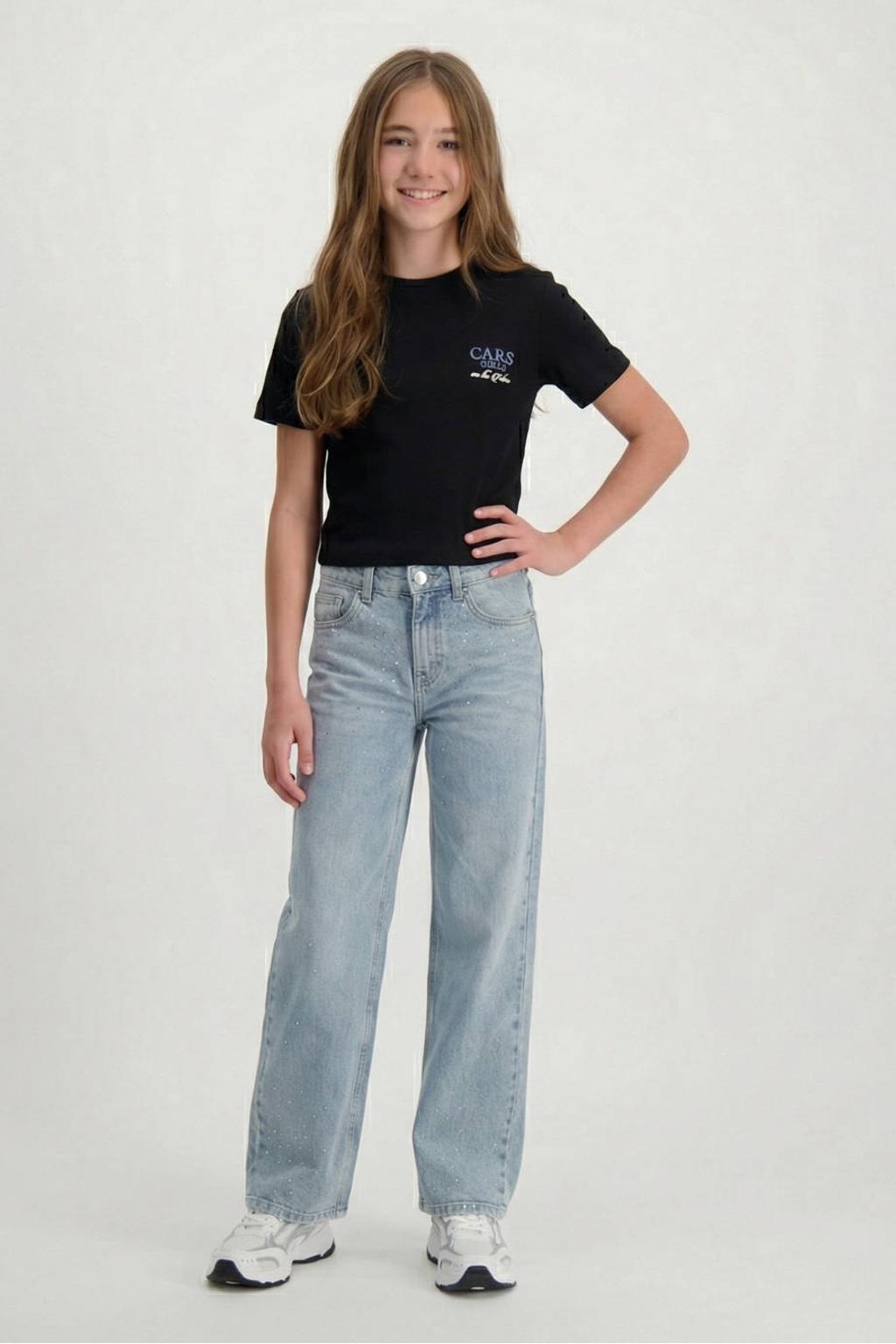 Light blue denim meisjes Cars high waist straight leg jeans van denim met rits- en knoopsluiting