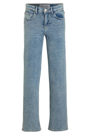 high waist straight leg jeans YARA met all over print rhinestone blue