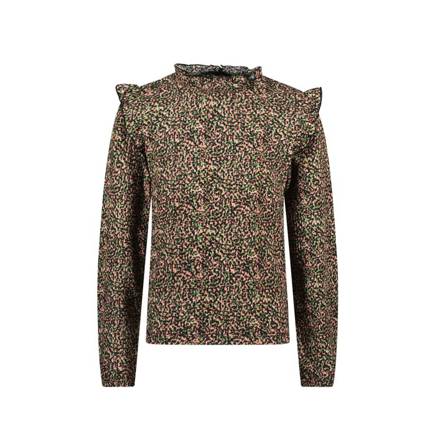 B.Nosy top Billie met all over print en ruches groen zwart roze